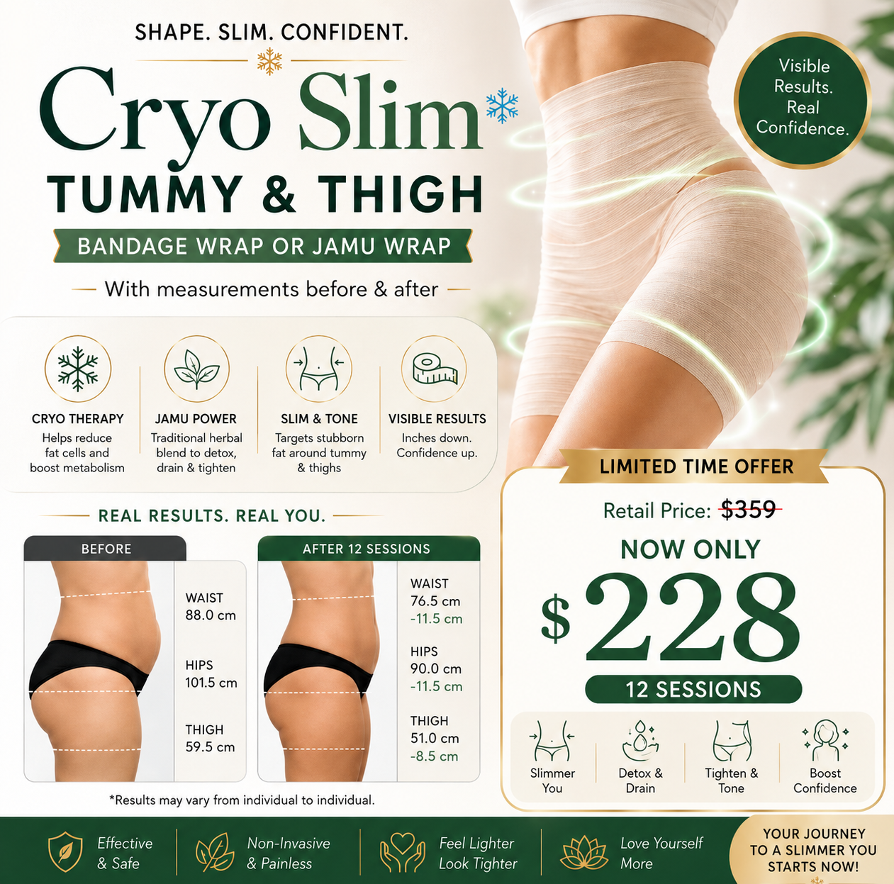 [Flash Card] 36% OFF | Cryo Slim Tummy or Thigh Bandage & Jamu Wrap (12 Sessions)