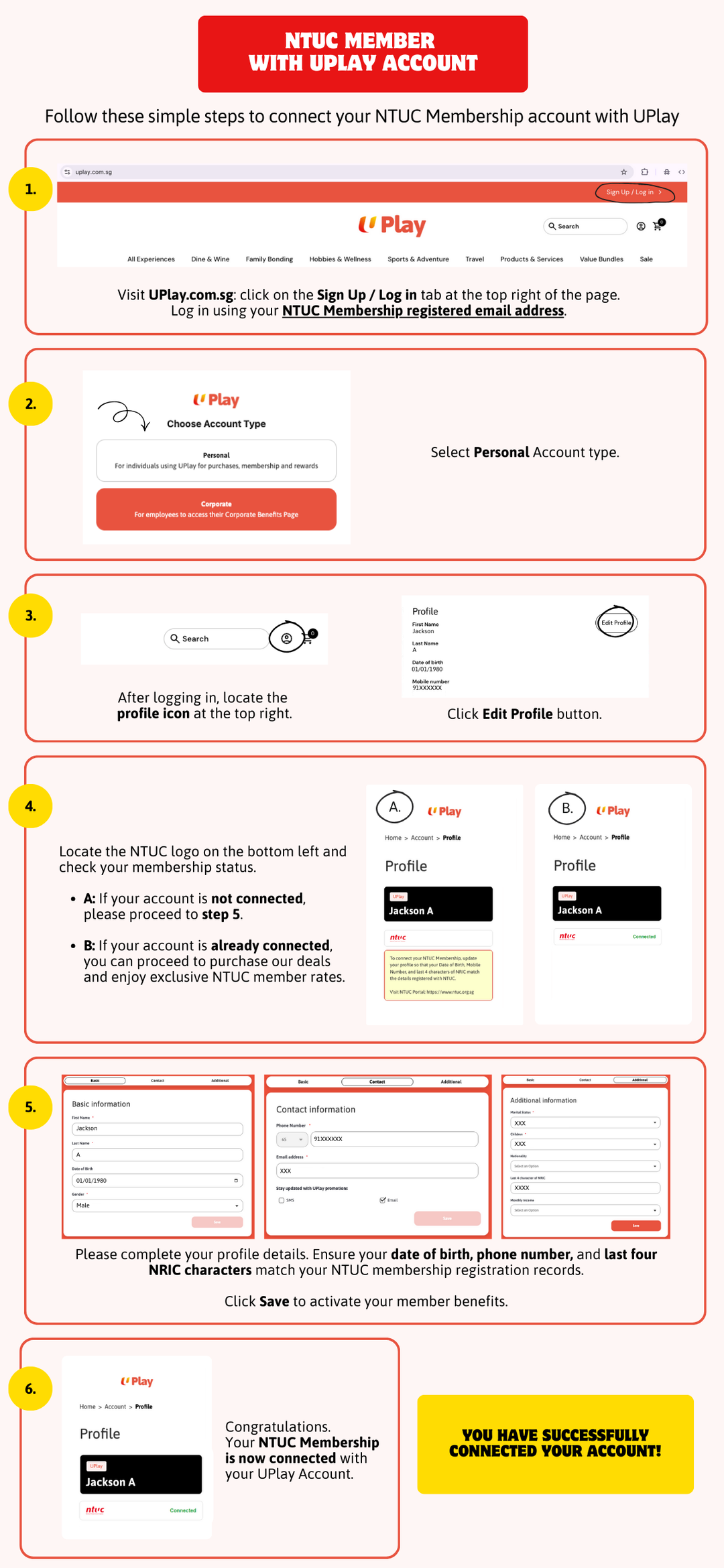 Step-by-step guide for connecting NTUC Membership on UPlay