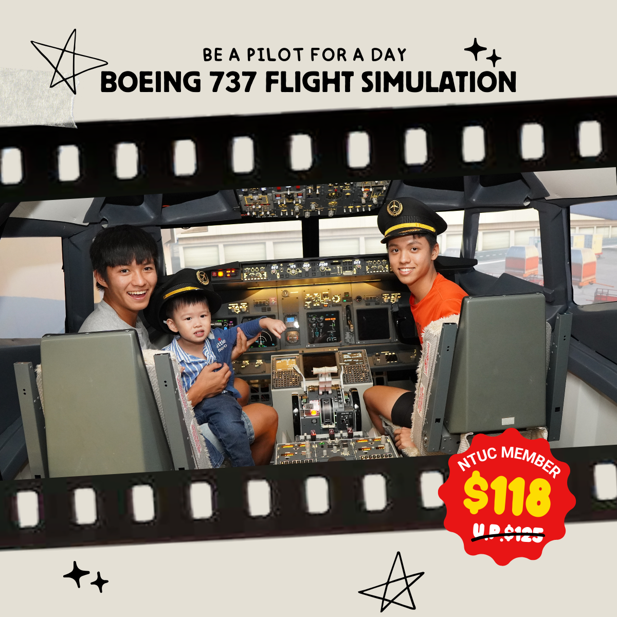 Children enjoying a Boeing 737 flight simulation experience in Singapore, feeling like real pilots in a fun, interactive adventure