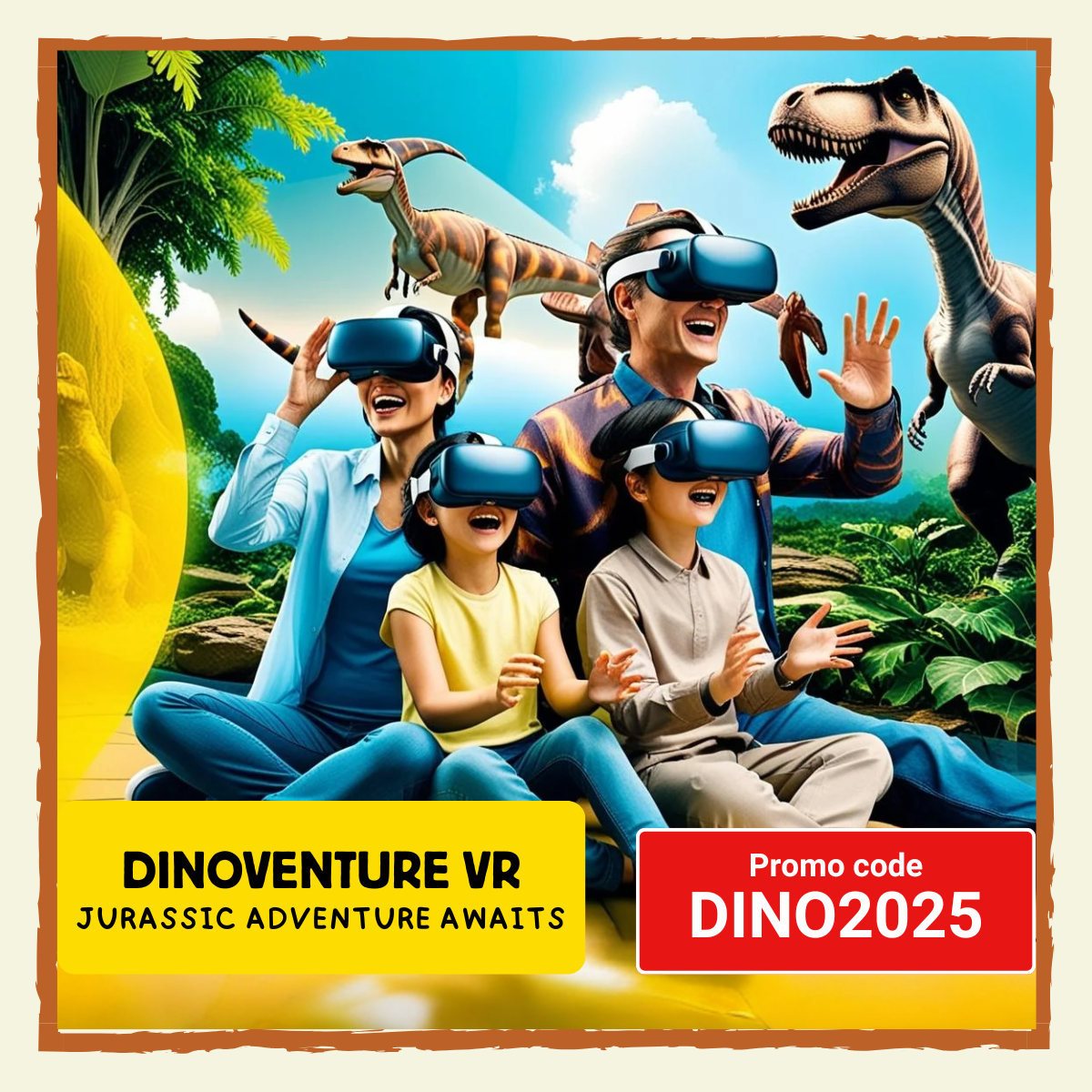 Participants enjoying the Dinoventure VR adventure in Singapore, exploring a prehistoric world with dinosaurs