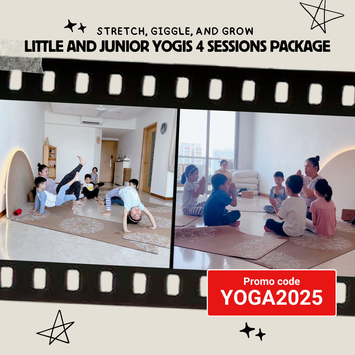 Children participating in a Little and Junior Yogis 4-session yoga package, learning fun yoga poses and breathing techniques