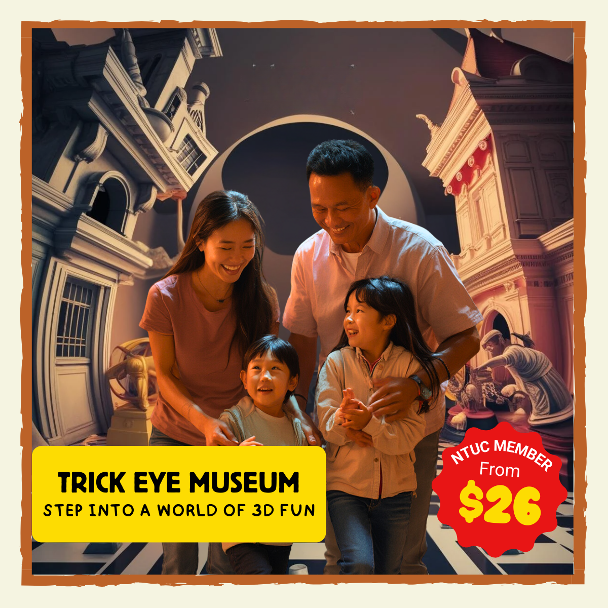 Visitors enjoying interactive 3D optical illusions at Trick Eye Museum Singapore