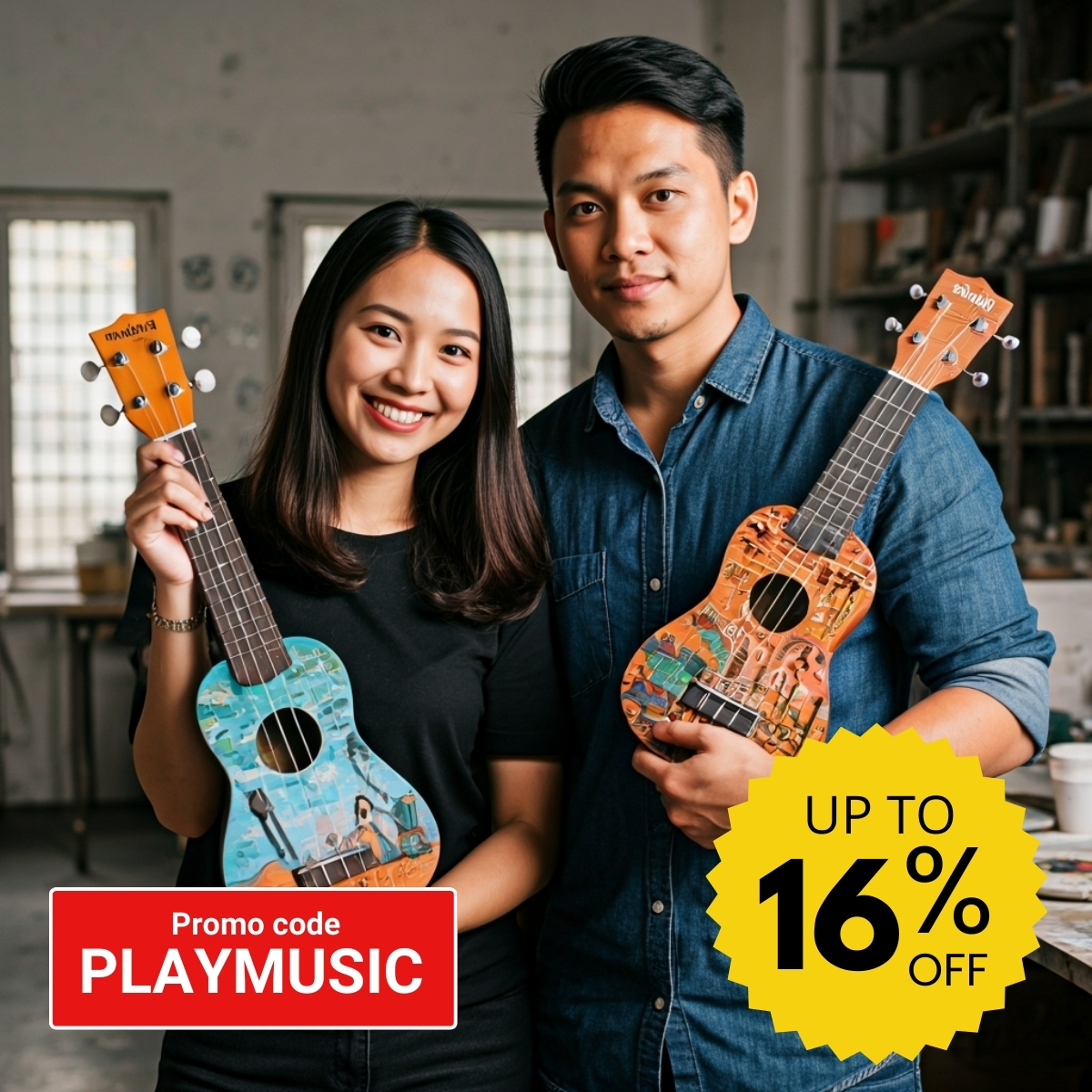 Couples’ creative workshop with painting and ukulele play for two.